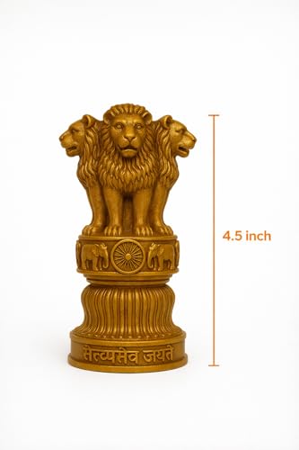 Image of ZYROO National Emblem Satyamev Jayate Ashoka Pillar - 5 Inch Golden Finish Lion Capital Idol for Study Table Ashoka Stambh Car Dashboard & Office Decor