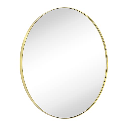 Image of TEHOME 30 inch Brushed Gold Round Mirror Circle Wall Mirror Brass Circular Round Mirror for Bathroom Vanity, Entryway, Dresser or Mantel