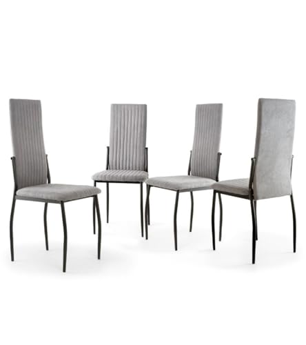 Home Heavenly® - Pack 4 sillas Comedor TASYA. Silla tapizada Tela Detalles Verticales, Patas Metal Negras, 101x43x50 cm. (Gris Claro)
