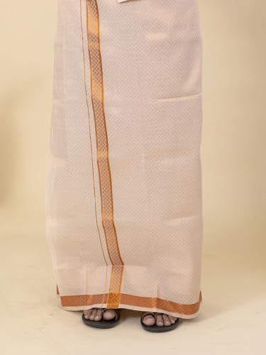 Image of RAMRAJ COTTON Men Gold Tissue Jacquard Full Sleeves Shirt with Matching Dhoti Set