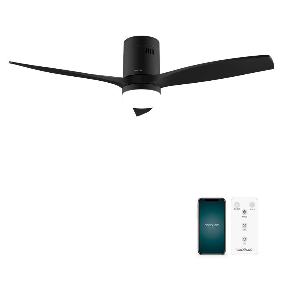 Cecotec Ventilador de Techo EnergySilence Aero 5600 Aqua Black&Black Connected de 40 W y 52”, Wifi, Mando, protección IP44, luz, 6 velocidades, 3 aspas, modo winter-summer y temporizador 8h
