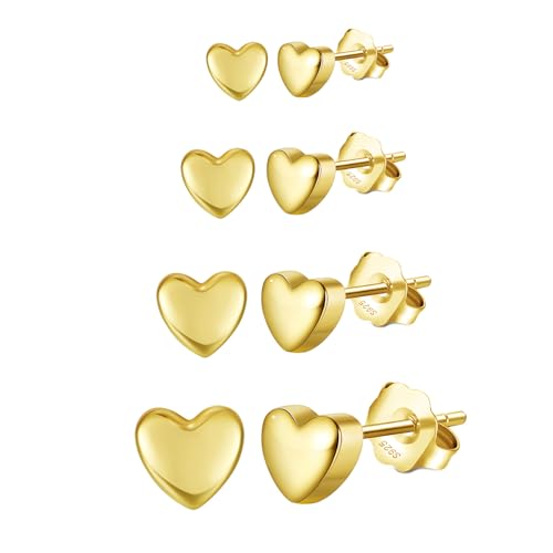 Image of Epoch World 4 Pairs Tiny Heart Stud Earrings Gold 925 Sterling Silver Earrings Cubic Zirconia Small Heart Studs Cartilage Hypoallergenic Tragus Piercing Gold Studs for Women Girls Jewellery Gift