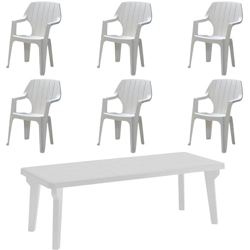 Tomaino - Set Tavolo E 6 Sedie Da Giardino In Plastica - Con Prolunga Allungabile, Con Braccioli, Impilabile, Per Esterno, Terrazzo - Set Pranzo Norden (Bianco)