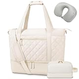 Travel Tote Bags for Women, 3 pcs Set Expandable Travel Duffel Bag with Toiletry Bag & Neck Pillow, Carry on Overnight Bag, Weekender Bag with Shoe Compartment, Gym Hospital Bag(Large-Beige)