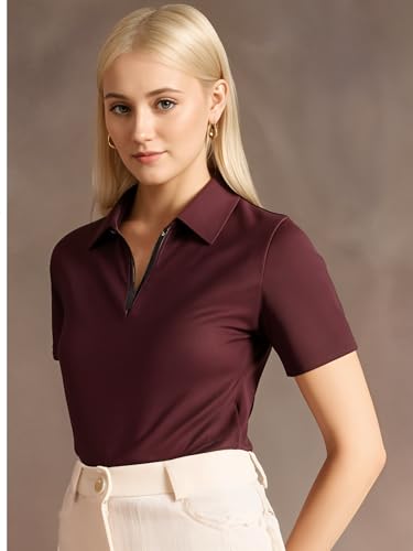Image of Mack Jonney Ribbed |Regular Fit | Half Sleeves 100% Cotton Polo Neck Self Design with Zip T-Shirt for Women-M950
