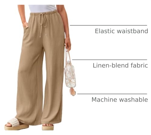 Image of LILLUSORY Womens Linen Pants 2024 Summer Spring Travel Bohemian Outfits Old Money Honey Moon Office Work Clothes Drawstring Cotton Trousers with Pockets Tan, Large