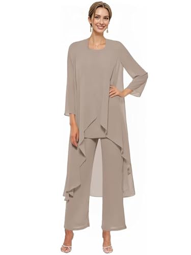 Womens Chiffon Pant Suits with Jacket Formal Mother of The Bride Grandmother Pantsuit Outfits Wedding Party Taupe