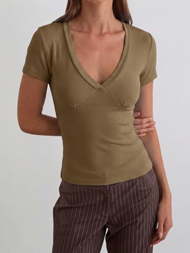 Women Deep V Neck Tops Sexy Short Sleeve Crop Top Stretchy Trendy Going Out Tank Top Cute Summer Clothes Brown — view 2