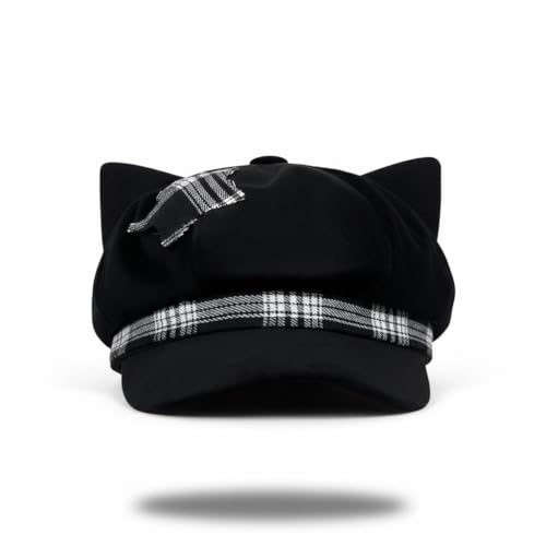 [ボズとガルヤ] キャスケット レディース 猫みみ チェック柄 ベレー帽子 画家帽 ファッション ゴシック風 地雷系 原宿パンク ロリータ uvカット 小顔効果 防寒 ハンチング帽 可愛い 柔らかい 日常 旅行 クリスマス