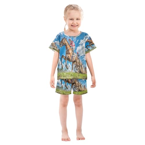 ALAZA Funny Sport Horse Sky Pajamas Set Short Sleeve Cotton Sleepwear Summer Pjs 2 Piece 5-14Y3
