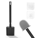Toilet Brush, 1 Pack Bathroom Silicone Toilet Brushes and Holder Sets with No-Slip Long Plastic Handle and Soft Flexible Bristles, Toilet Brushes with holders and Base for Anti-drip (Black)