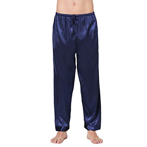 Men's Silk Satin Pajama Bottoms Pants Sleep Soft Long Classic Pajama Trousers Solid Lounging Pants Blue XXL