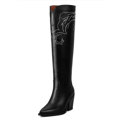 MUCCCUTE Cowgirl Boots Women Cowboy Knee High Boots Pointed Toe Chunky Heel Suede and Faux Leather Botas with Stud Embroidered