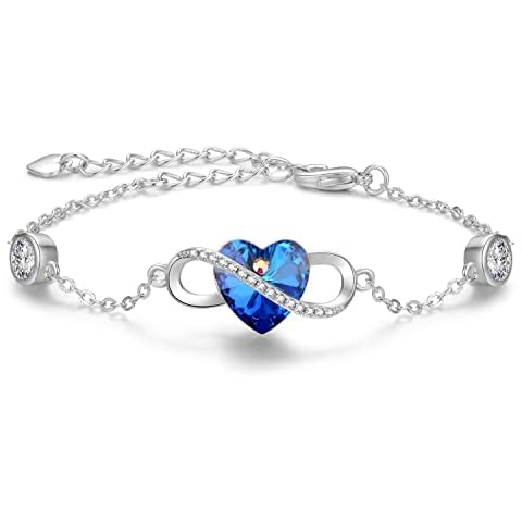 Praelinos Infinity Heart Crystal Bracelet White Gold Plated Silver Tone 5A Cubic Zirconia Adjustable Chain Jewellery Gift for Women Mum Girlfriend Wife Mother's Day Valentine's Day Christmas(Blue) Cover