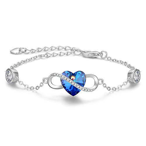Praelinos Pulsera Infinito para Mujer Corazon Cristal 18K Chapado en Oro Blanco 5A Zirconia Cúbica Ajustable Joyería Regalos Para Esposa Mama Cumpleaños Navidad San Valentín (Blau) Cover