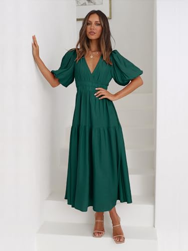 Image of Women's Summer Deep V Neck Puff Short Sleeve Tiered Maxi Dress Flowy A Line Long Dresses