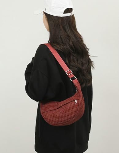 Trendy Women's Plaid Nylon Crescent Crossbody Bag Retro Half Moon Purse with Adjustable Strap for Weekend Vacation4