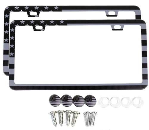 American Flag License Plate Frames - 2 Pack USA Flag Patriotic Stainless Steel Black License Plate Frame with Screws Fasteners Caps (Gunmetal)