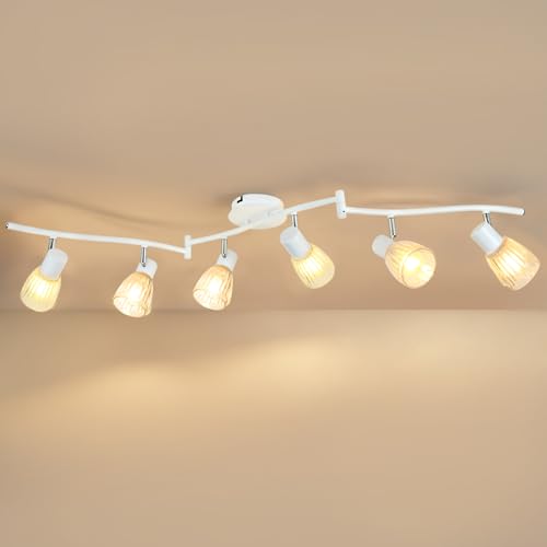 HiBay 6-Light Track Lighting, Flexible Modern Ceiling Light Fixture White w/Glass Shades, Flush Mount Ceiling Wall Track Spot Lights Indoor for Kitchen, Living Room, Bedroom, E12 Base, No Bu