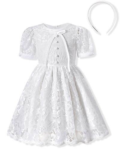 fioukiay Toddler Girls Lace Dresses Elegant Flower Dress Puff Sleeve Wedding Party Princess Dress