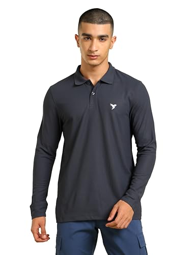 Image of TECHNOSPORT Mens Slim Fit Polyester Active Wear Collar Polo T-Shirt with Long Sleeves for Workout, Sports