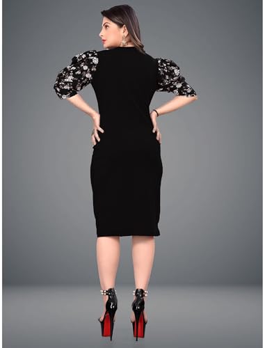 Image of KUDUZO Women's Black and Purple Lycra Fit and Flare High Low Knee Length Round Neck Floral Puff Sleeves S to 2XL Size Dress (SP-T3B6FPF97VRVW7YH)
