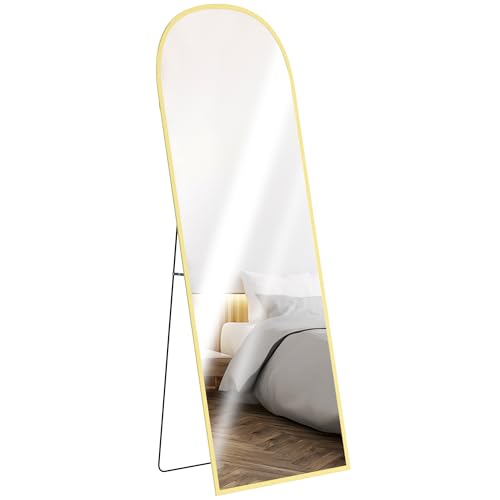 HOMCOM Espejo de Pie Cuerpo Entero 165x60 cm con Marco de Aleación de Aluminio, Espejo de Pared Rectangular para Colgar con Soporte, 2 Formas de Uso, para Salón, Entrada y Dormitorio, Dorado