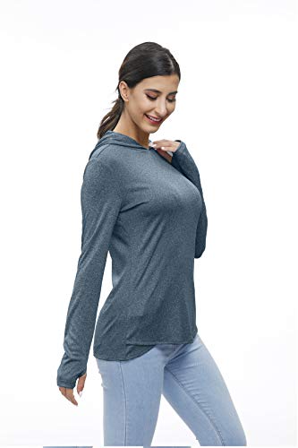 Women's Performance Athletic Running T Shirt Long Sleeve Hiking Pullover Hoodie Workout Tops for Women with Thumb Holes Navy Blue L