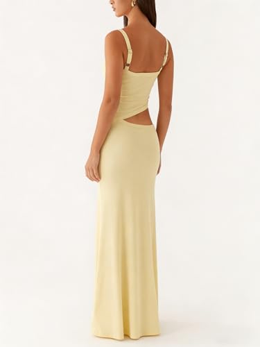 Image of Yiulangde Women Sexy Cut Out Maxi Dress Spaghetti Strap Backless Bodycon Dress Y2k Formal Hollow Out Sleeveless Long Dresses