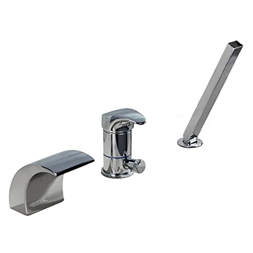 Grifo de bañera LED, grifo mezclador de agua fría y caliente completamente de cobre, grifo de lavabo dividido de 3 orificios, ducha extraíble con grifo de cascada lateral for bañera, galvanoplastia