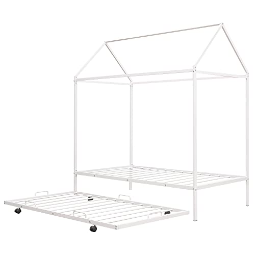 Twin House Bed With Trundle, Kids Montessori Beds Metal 4 Poster Canopy Bed Frame For Girls Boys Teens, No Spring Box Needed, Twin Size， White #TOP2