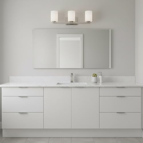 Image of Hinkley Kyra Medium Three Light Bathroom Vanity Fixture, Install Up /Down, Etched Opal Shades, Brushed Nickel