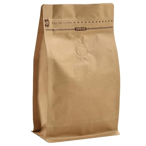 ALLPack Resealable Kraft Paper Coffee Bags with Degassing Valve, Flat Bottom Side Gusset Stand Up Pouches with Zipper Lock (Pack of 50, Size for 12 oz/340 grams Beans or Ground)