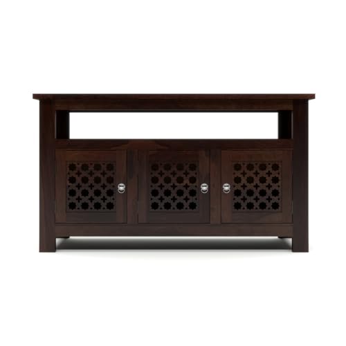 Image of Solid Sheesham Wood TV Unit Cabinet with Carved Doors | Wooden Entertainment Unit for Living Room | Multipurpose Sideboard for TV, Decor & Home Organization (Walnut Finish)