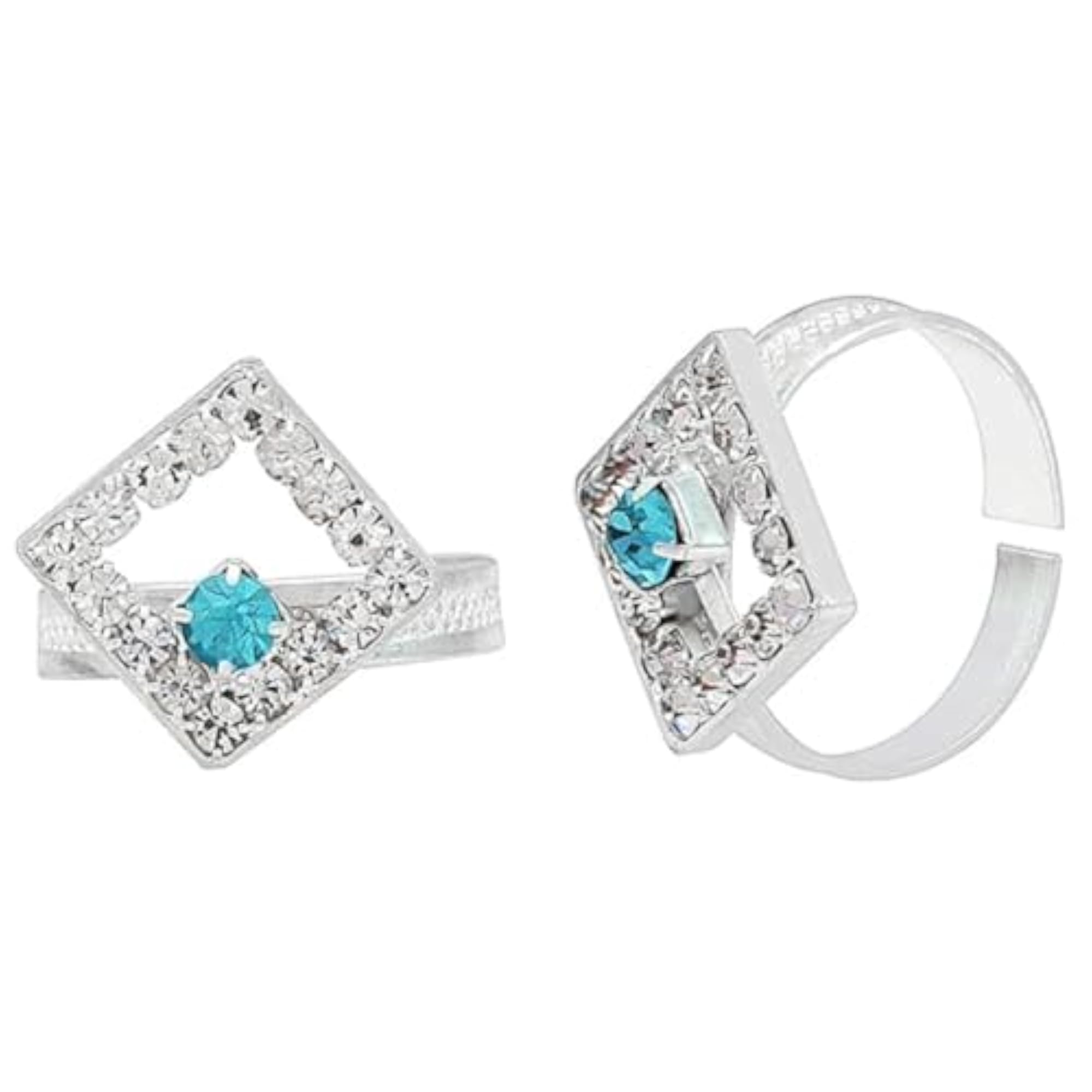 Women's Silver Plated Adjustable Square Kite Shape Toe Ring with White and Firozi CZ