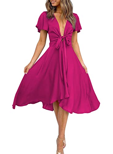 Image of miduo Womens Satin V Neck Ruffle Short Sleeve Tie Front High Waist Midi A-Line Maxi Dresses