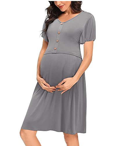 Laishen Women's Ruffle Short Sleeve Maternity Dress Button Down Nursing Dresses For Breastfeeding(Gray,L) #TOP2