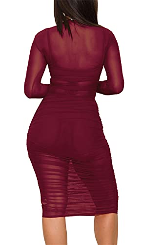 Image of Atyfuniby Women's Sexy 3 Piece Outfits Mesh See Through Ruched Midi Dresses + Crop Tank Tops + Skinny Shorts Sets Clubwear