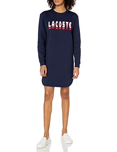 Lacoste Womens Long Sleeve Brushed Fleece Lacoste Logo Dress Casual Dress, Navy Blue, 6