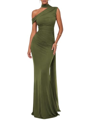CurvySweet Isolde Women's One Shoulder Mesh Ribbon Ruched Formal Maxi Dress