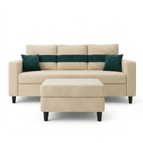 Image of FURNY Luxury Conva 4 Seater Sofa Set with Ottoman for Living Room |Soft Suede Fabric Upholstered | Modern Cushioned Comfortable Couch for Home Office & Drawing Room | Cream
