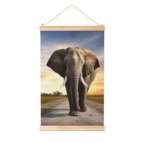 Poster à suspendre en bois éléphant vintage sur toile déco salon 61x91 cm