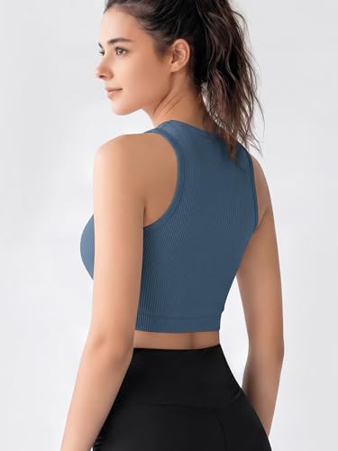Image of ODODOS 3-Pack Seamless Crop Tank for Women Ribbed Soft High Neck Cropped Tops