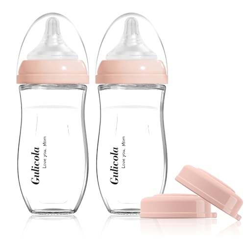 Image of Gulicola Natural Glass Baby Bottle for Breastfed Babies, Anti-Colic Baby Bottle Set with Medium Flow Nipple, 3 Months +, 8 oz, 2 Pack - Pink