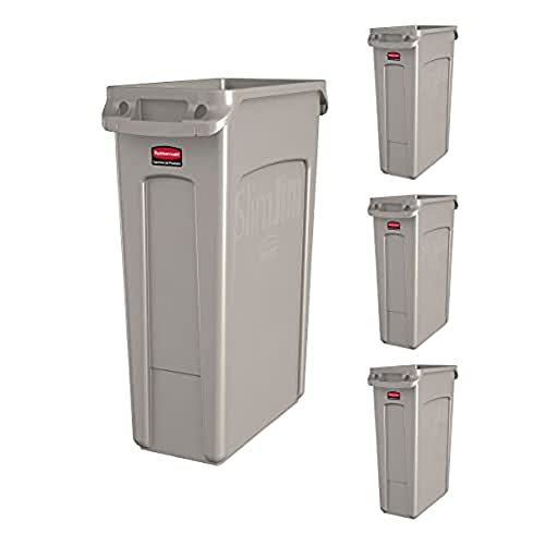 Rubbermaid Commercial Products Slim Jim Plastic Rectangular Trash/Garbage Can/Bin with Venting Channels, 23 GAL, Beige, for Kitchens/Classrooms/Offices/Back of House, Pack of 4