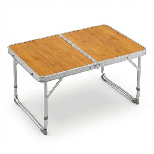 MONDII Mesa Plegable 60×40×25 cm, Aluminio Ligero con Tablero Efecto Bambú, Mesita Portátil con Asa, Ideal para Picnic, Playa, Camping, Jardín y Autocaravana