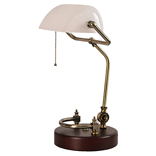 QEGY Weiß Vintage Tischlampe Bankerlampe mit Zugschalter Retro Holz Schreibtischlampe Bankers mit Holz Base Einstellbar Glass Bibliotheksleuchte Antik Design Nachttischlampe E27 Base Cover