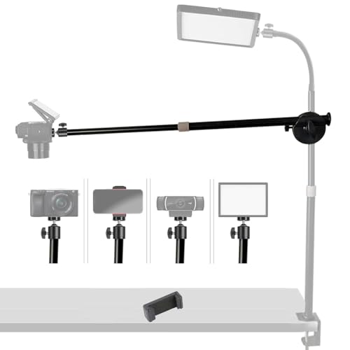 Tentucro Overhead Camera Mount Extendable Arm with Rotatable Clamp, 1/4 Ballhead, Phone Holder, 14 - 24 Adjustable for DSLR Camera, Phone, Ring Light & Webcam, Live Streaming (Horizontal)