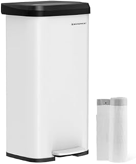 SONGMICS Kosz na śmieci kuchenny, 68 l, kosz na śmieci z metalu, z pokrywką, wysoki, wąski i pojemny, biało-czarny LTB520W6802