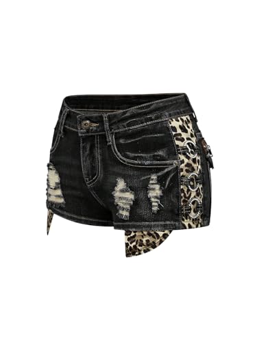 Verdusa Women's Y2K Cheetah Leopard Jean Shorts Distressed Going